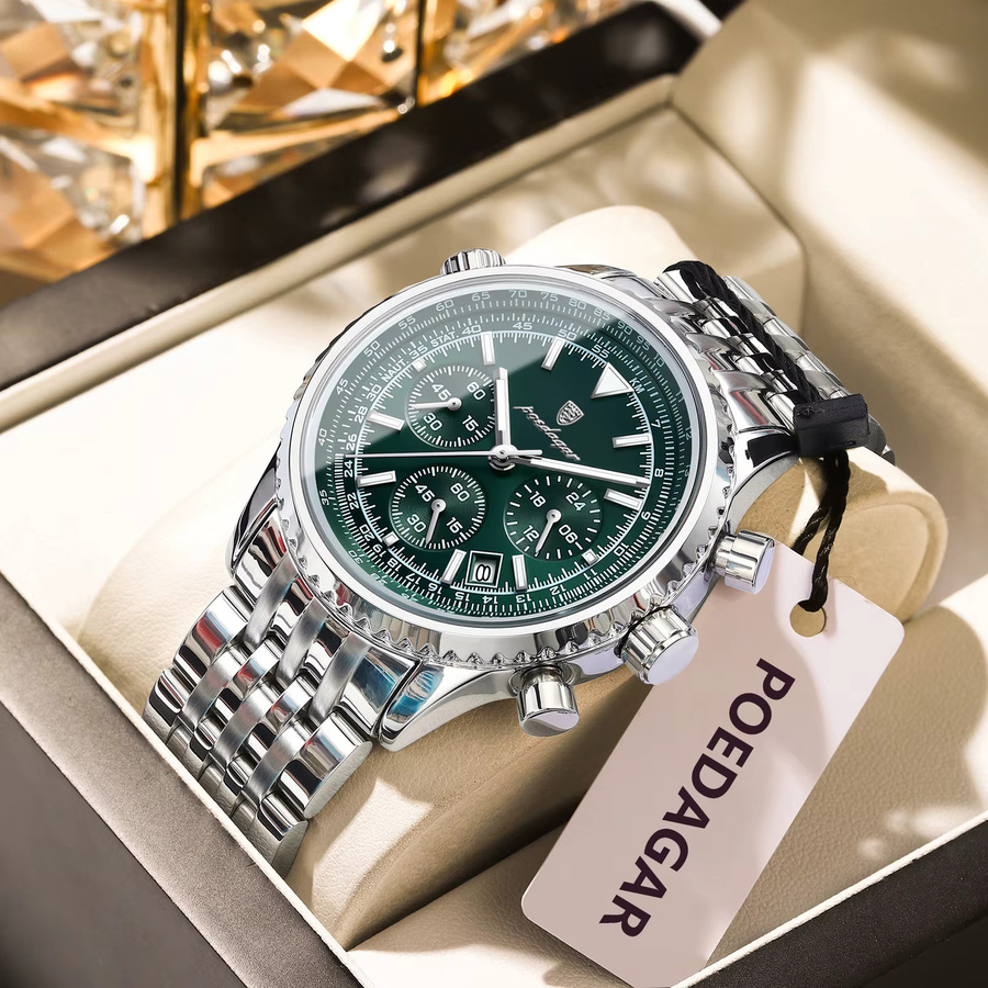 POEDAGAR Chronograph Herrenuhr, Edelstahl, Quarz, Grün, Silber - Bild 2