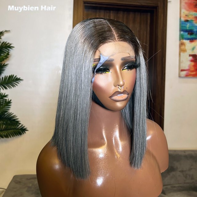 Muybien Hair Lace Front Bob Perücke, Echthaar, Ombre Grau, 4x4 Closure - Bild 1