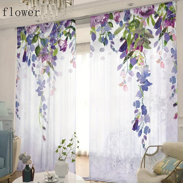 2er-Set halbtransparente Vorhänge mit Blumendruck von Yiran Furniture, lichtfilternd, Mehrfarbig, Breite: 135 cm, Höhe: 165 cm - Bild 1
