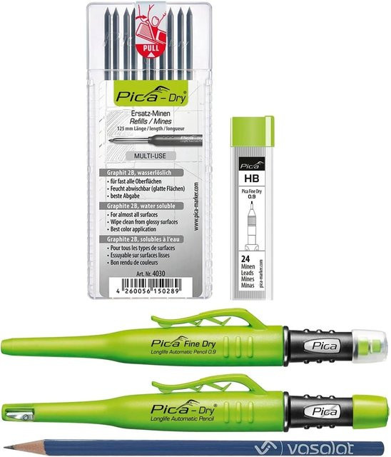 vasalat Pica Fine Dry 0.9 & Pica Dry Marker-Set mit Ersatzminen 2B & HB in Grau und Grün - Bild 1