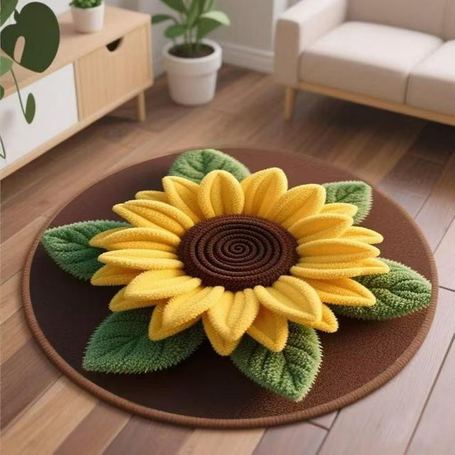 Runder Teppich mit 3D-Sonnenblumen-Effekt von Lodestar in Gelb, rutschfest und waschbar, Durchmesser: 80 cm - Bild 1