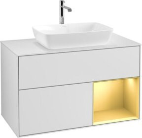 V&B Waschtischunterschrank Finion 100 Wandbeleuchtung in Weiß lackiert mit goldenen Regalelementen, Breite: 100 cm, Höhe: 50,1 cm, Tiefe: 50,1 cm - Bild 1