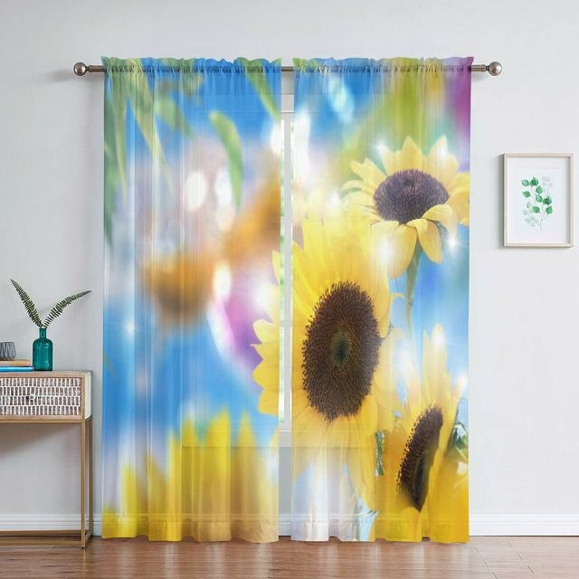 Transparenter Voile-Vorhang mit floralem Rosenmuster und Schmetterlingen in Gelb und Grün, Breite: 250 cm, Höhe: 250 cm - Bild 1