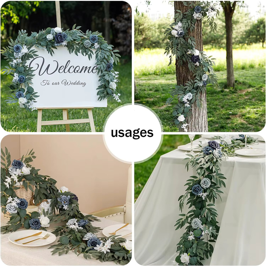 Yannew Künstliche Eukalyptus-Blumengirlande in Herzform, Blaue Boho-Tischdekoration für Hochzeiten und Tischläufer, Länge: 180 cm - Bild 1
