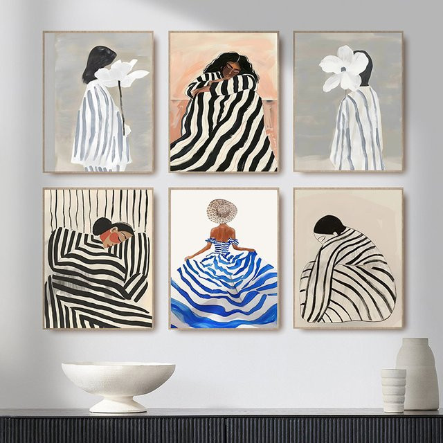 Abstraktes Leinwandgemälde von Potdemiel mit schwarz-weißer Frau und Blumen als moderne Wandkunst für dein Wohnzimmer - Bild 1