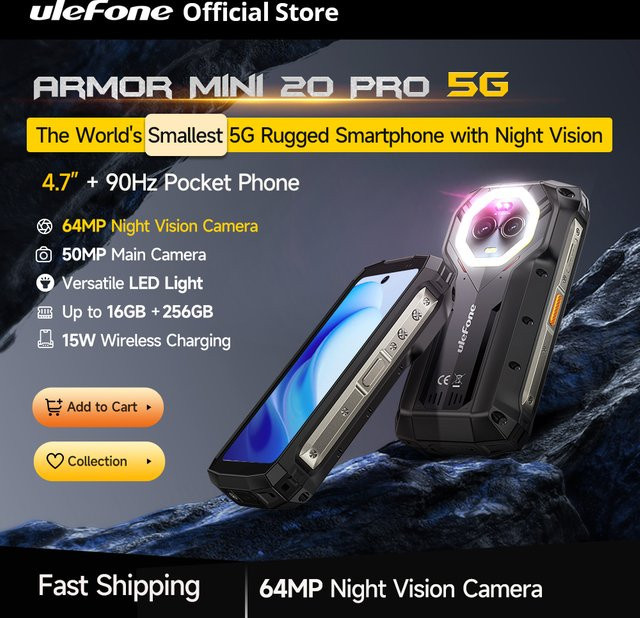 Ulefone Armor Mini 20 Pro 5G Robustes Smartphone in Schwarz mit 4,7 Zoll Display, 64MP Nachtkamera, 256GB ROM, 16GB RAM und 6200mAh Akku, Android 14 - Bild 1