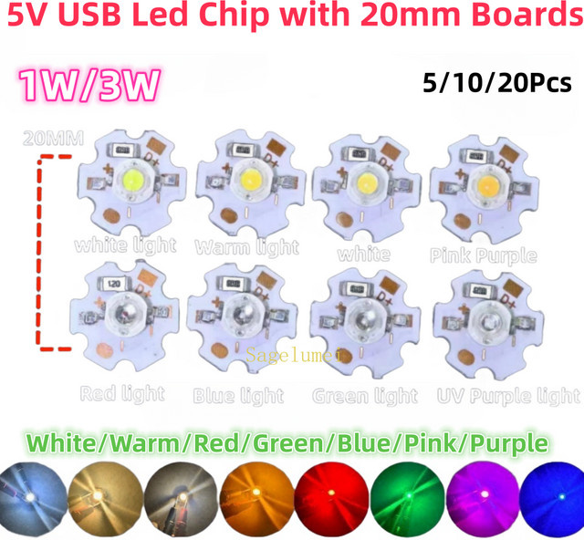 SAGE LU MEI LED-Lichtperlen mit 20 mm Lampenplatine, 5 V USB-LED-Lichtquellenplatine, 3 W, Farben: Weiß, Rot, Grün, Blau, Lila, Rosa, Multicolour - Bild 1