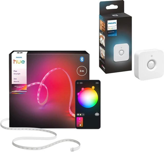 Philips Hue Lightstrip Flux Bundle mit Bewegungssensor, LED-Lichtleiste RGBW in Multicolour und Weiß, 12 W, Länge: 3 m - Bild 1