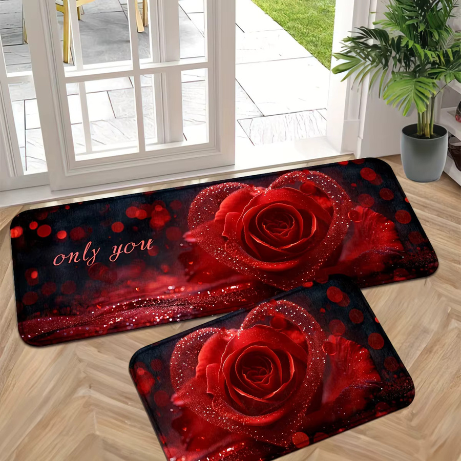 VIKAMA 2-teiliges Teppich-Set mit floralem Rosenmuster in Rot für Wohnzimmer und Schlafzimmer - Bild 5