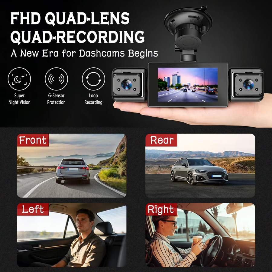 BCUOZ 4-Kanal Dashcam mit 1080P Full HD Frontkamera, 720P Seiten- und Rückkameras, Panoramablick, Super-Nachtsicht und 24-Stunden-Parküberwachung in Schwarz - Bild 3