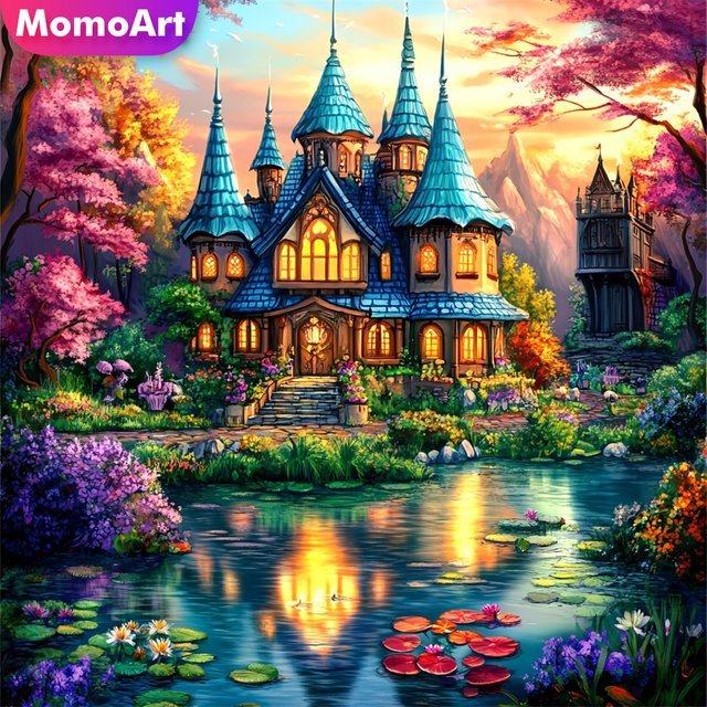 Momoart DIY Diamantmosaik Set Landschaft mit Schloss und Fluss, Rund, Mehrfarbig - Bild 1