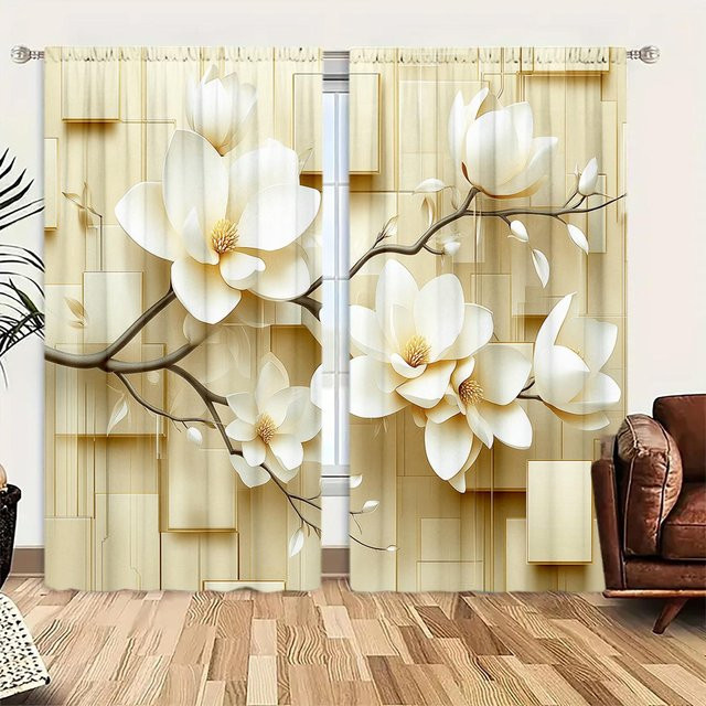 2er-Set halbtransparente Vorhänge mit Magnolienblumen-Print in Weiß und Multicolour, Breite: 75 cm, Höhe: 165 cm - Bild 1