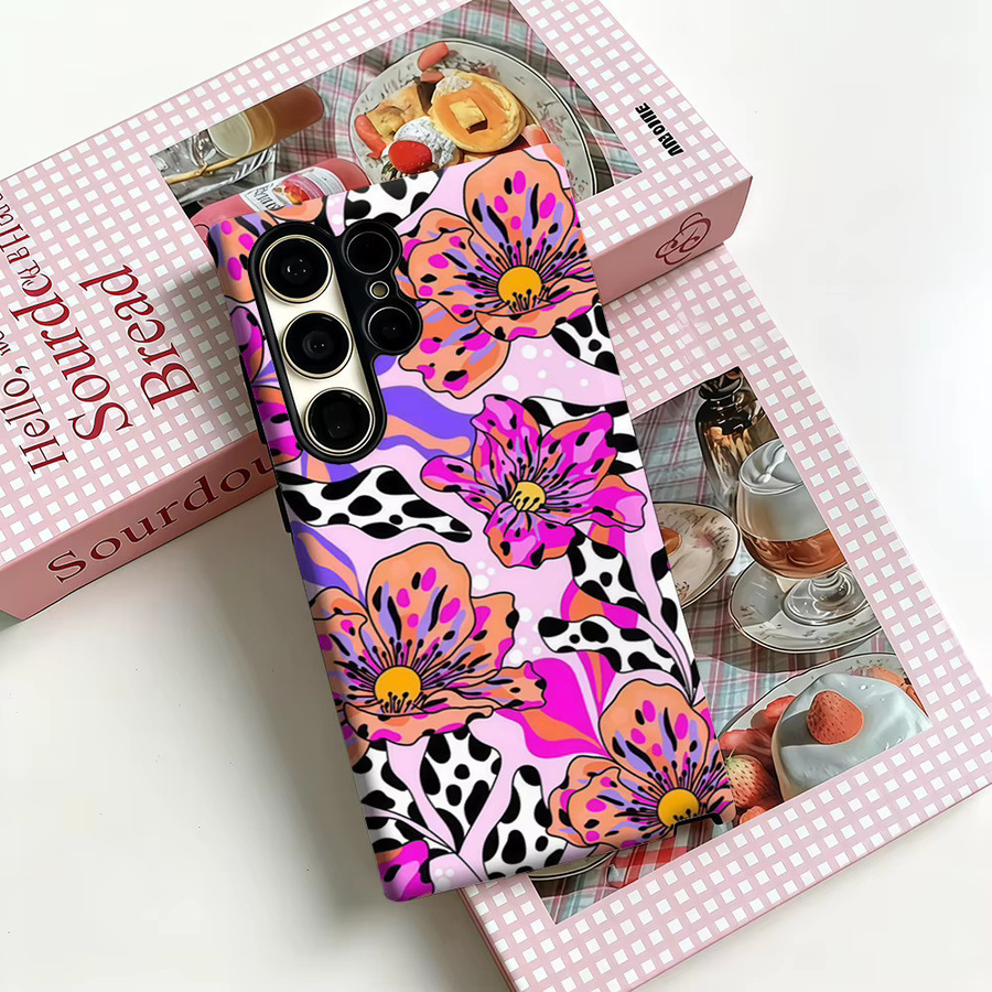 Stoßfeste Doppelschicht Handyhülle im Pop-Art Blumen-Leoparden-Design für Samsung Galaxy S25 Ultra, S24, S23 Ultra und S23 Plus, Multicolor - Bild 3