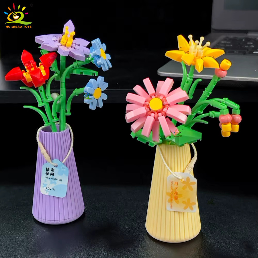 HUIQIBAO Blume mit Topf, Mikro-Baustein, Sonnenblume, Mini-Modell, Set - Bild 2