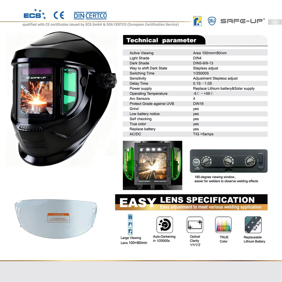 SAFEUP Automatisch verdunkelnder Schweißhelm mit 4 Sensoren und 180° Panorama-Seitenansicht Schweißmaske mit Filterlinse - Bild 2