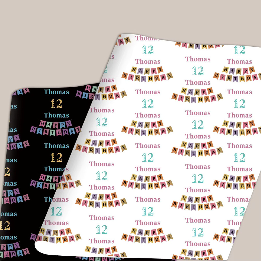 Personalisierbares Happy Birthday Geschenkpapier von joy-enlife in Schwarz-Weiß für deine Geburtstagsparty, 3 oder 6 Stück - Bild 4