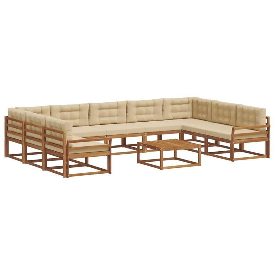 vidaXL Outdoor-Sofagarnitur aus Akazienholz in U-Form, 10-teiliges Set in Natur und Beige mit wetterfesten Kissen - Bild 2