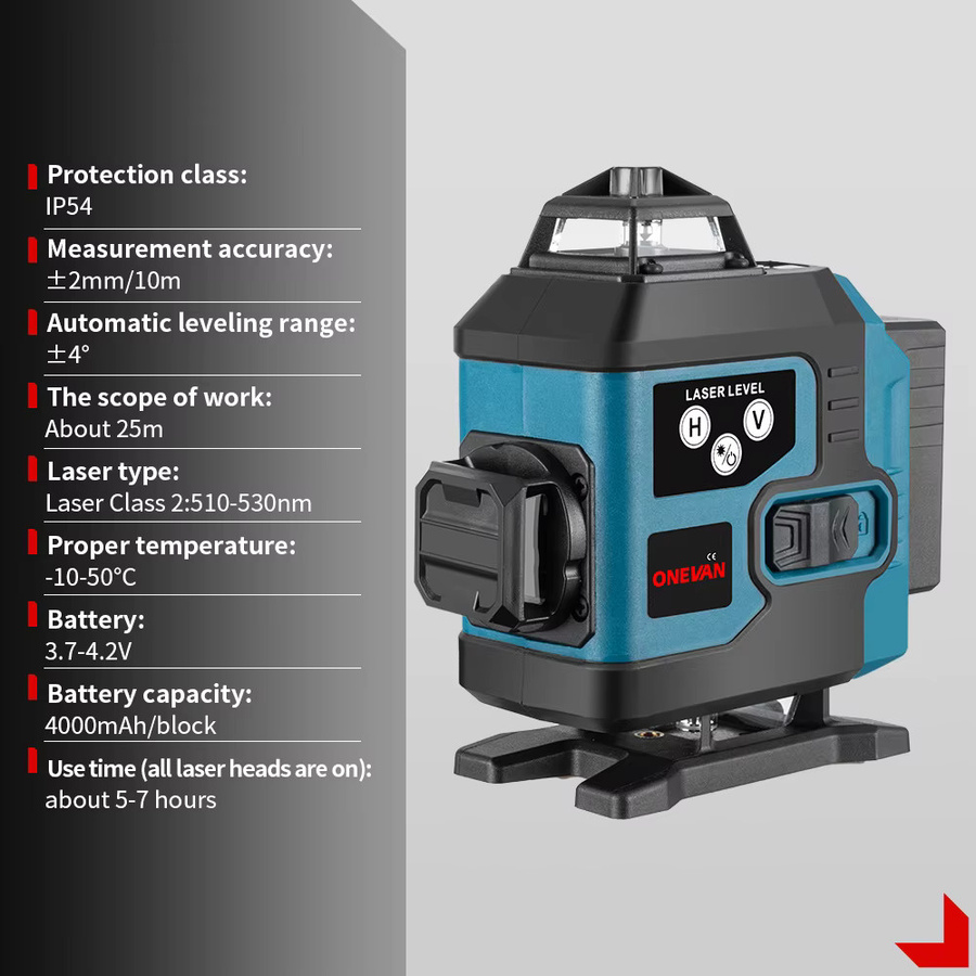 ONEVAN 16 Linien 4D-Messlaser-Nivelliergerät mit grünem Laserstrahl und 2 Akkus - Bild 3