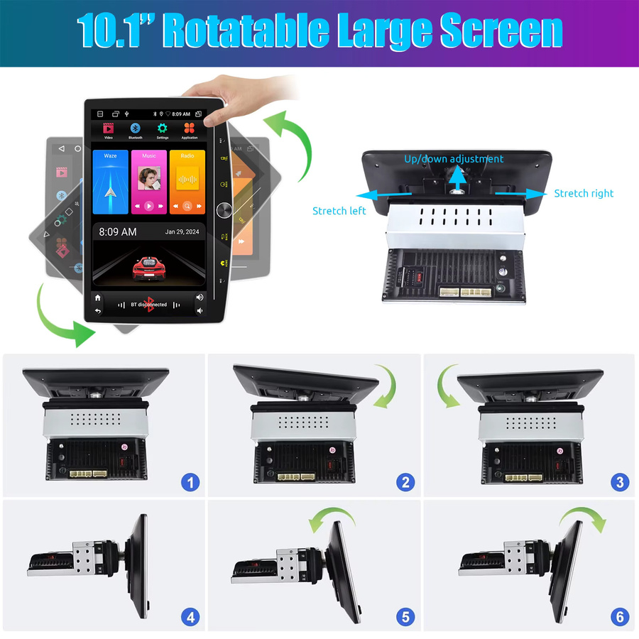 ESSGOO Android 15 Universal Autoradio mit 10.1 Zoll drehbarem Touchscreen, 4+64G/6+128G, Wireless Carplay, Android Auto, GPS, Bluetooth, WIFI, Mirror Link und Lenkradsteuerung in Schwarz - Bild 3