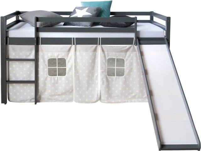 Homestyle4u Hochbett für Kinder aus Kiefernholz mit Rutsche und Vorhang in Grau Sterne, B/T/H: 90 x 200 x 187 cm - Bild 1