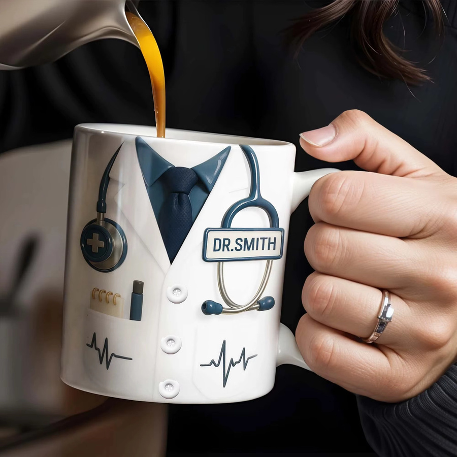 Personalisierte Kaffeetasse mit 3D-Stethoskop und Herzschlagmuster von Light Magic in Weiß aus Keramik - Bild 3