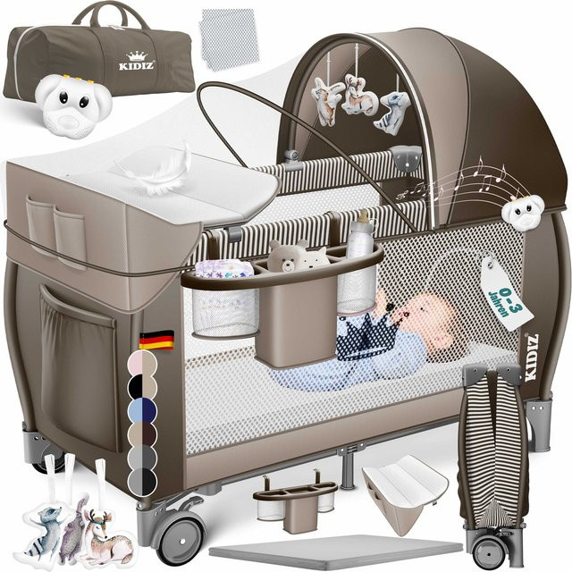 KIDIZ Reisebett für Babys inkl. Matratze, Wickelauflage, Moskitonetz, Spielbogen und Tragetasche, faltbar, B/T: 120 x 60 cm - Bild 1