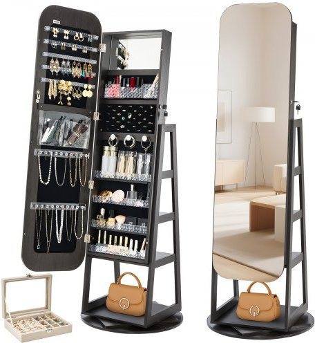 VEVOR Schmuckschrank mit Ganzkörperspiegel, 360 Grad drehbarer Schmuckaufbewahrungs-Organizer mit Schloss, Ablagefächern und Zubehörtaschen, Schwarz, Höhe: 160 cm, Breite: 55 cm, Tiefe: 23,4 cm - Bild 1