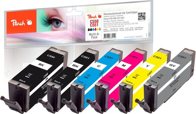 Peach C550 Druckerpatronen-Set mit 6 Farben (Schwarz, Photo Black, Grau, Cyan, Magenta, Yellow) als Ersatz für Canon PGI-550 und CLI-551, kompatibel mit Canon Pixma MX 925 und IP 7250, wiederaufbereitet - Bild 1
