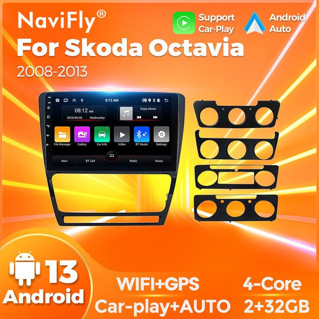 Navifly 10 Zoll Multimedia Autoradio mit kabellosem CarPlay, Android Auto, Bluetooth und GPS für Skoda Octavia 2 A5 2013-2017 in Schwarz - Bild 1