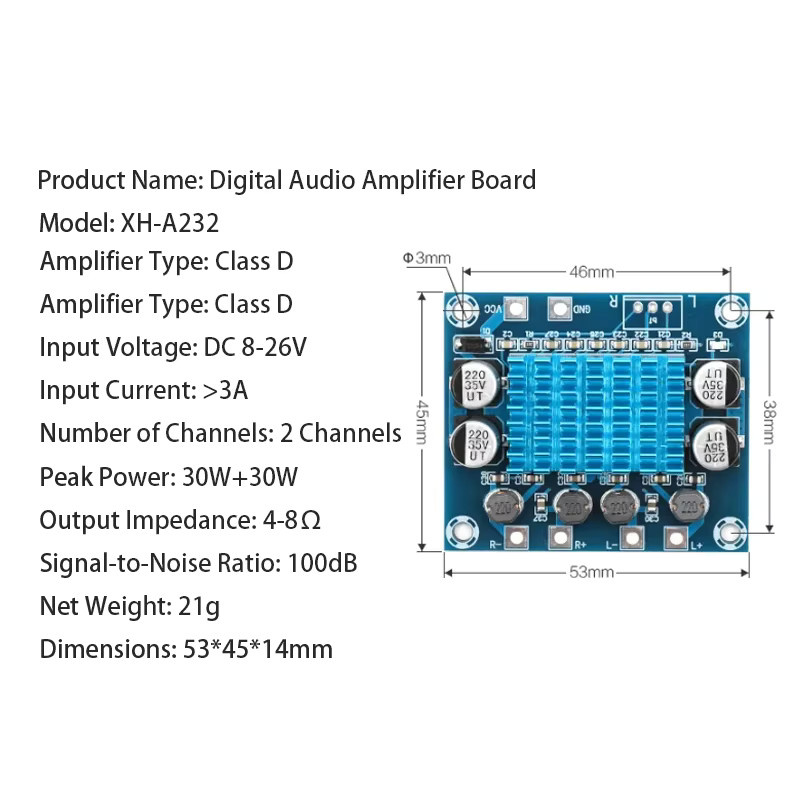 TPA3110 XH-A232 Stereo Verstärker Bord Klasse D 60W Blau für DIY Projekte mit Arduino ESP32 und Raspberry Pi - Bild 2