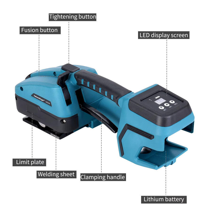 Heimerdinger 18V Umreifungsmaschine mit Digitalanzeige und Ein-Knopf-Schweißfunktion für 13-16mm PET/PP in Blau - Bild 4