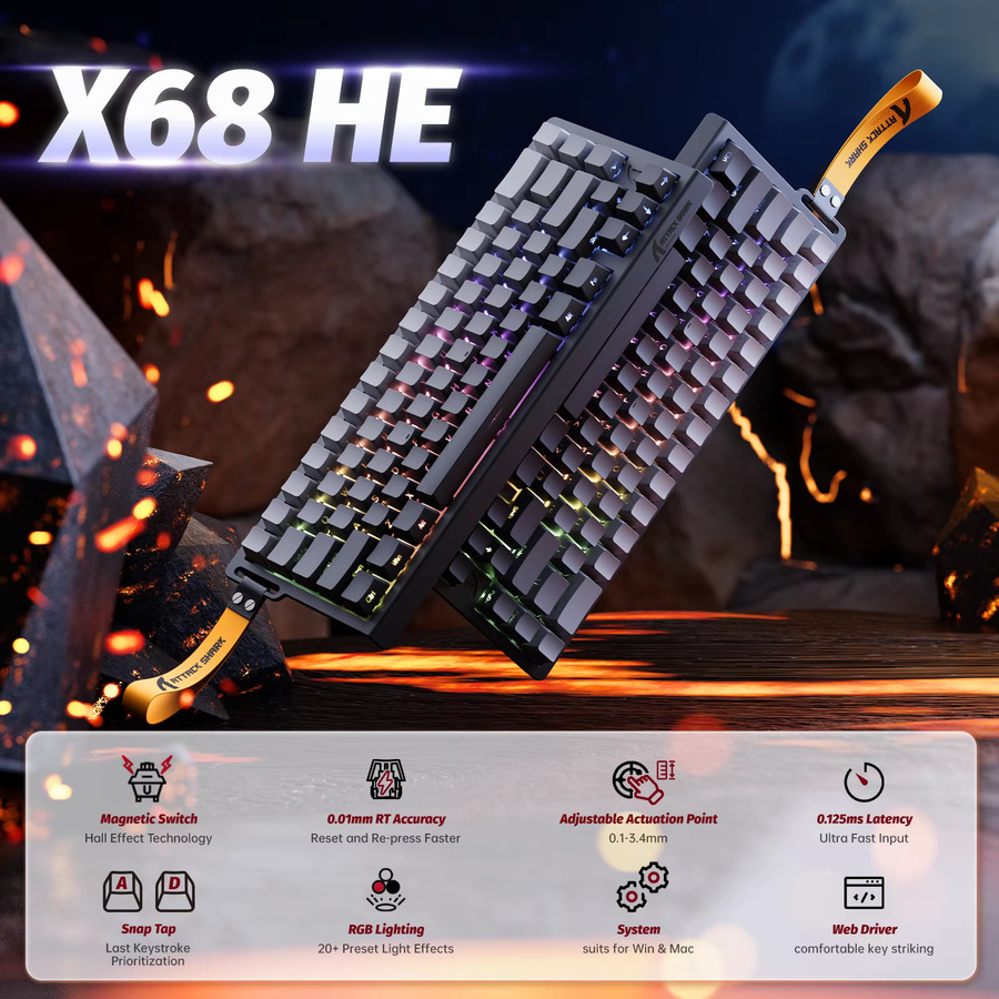 ATTACK SHARK X68 HE Rapid Trigger Gaming Tastatur in Schwarz mit 8KHz Magnetischen Switches, 60 % Layout, RGB und Unterstützung für Snap Tap, DKS, MT und TGL - Bild 2