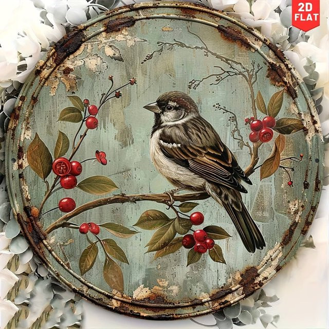 Potdemiel Vintage Bird & Cherry Rundes Metallschild aus Aluminium mit floralem Motiv, Durchmesser: 20 cm, Mehrfarbig - Bild 1