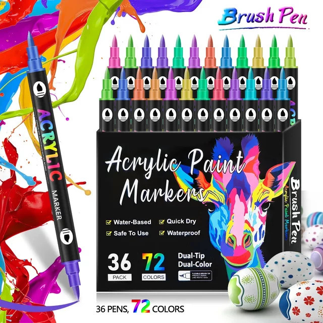 Kissbuty Acryl-Farbmarker mit Doppelspitze und Pinselspitze in Multicolour für Felsmalerei, Holz, Keramik, Stoff und Leinwand - Bild 1