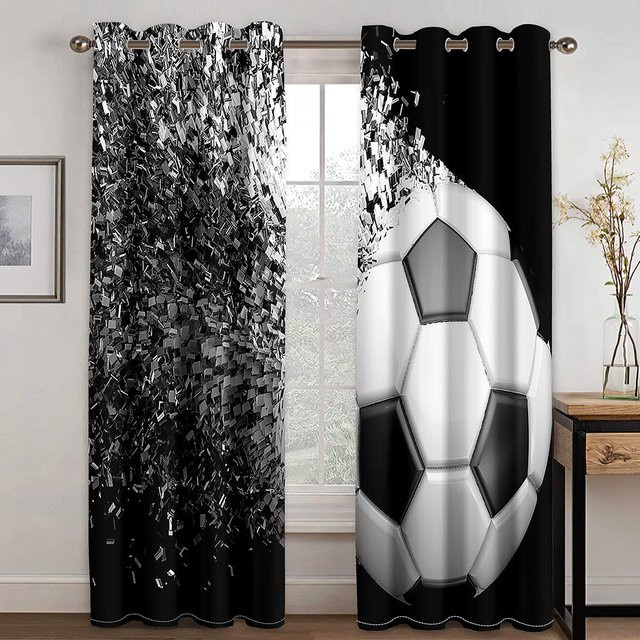 Yiran Furniture Graffiti Fußball Fenstervorhänge aus Polyester, 2er-Set, halbtransparent, schwarz-weiß, Breite: 65 cm, Höhe: 60 cm - Bild 1
