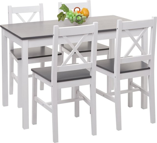 Esszimmer-Set MCW-F77 aus Massiv-Holz im Landhausstil, Tisch und Sitzgruppe in Weiß-Grau, Breite: 110 cm - Bild 1