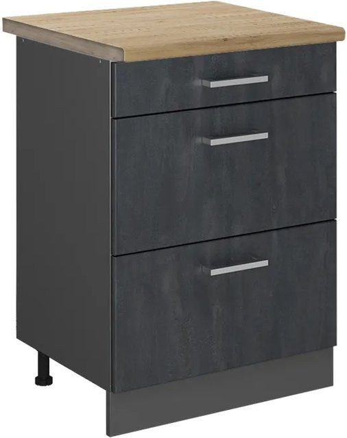 Vicco Küchenunterschrank R-Line Schubladenschrank in Schwarz Beton und Anthrazit mit Eiche Arbeitsplatte Breite: 60 cm - Bild 1