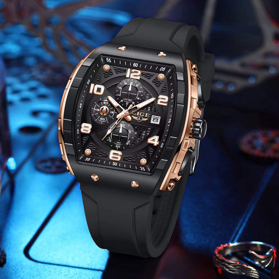 LIGE Armbanduhr, Chronograph, Quarz, Eckig, Schwarz, Silikon, Herren - Bild 2