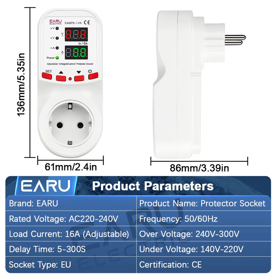 EARU Automatischer Überspannungs- und Strombegrenzer mit Energiemonitor und kWh-Zähler, Weiß, 16A, AC 230V, 50/60Hz - Bild 2