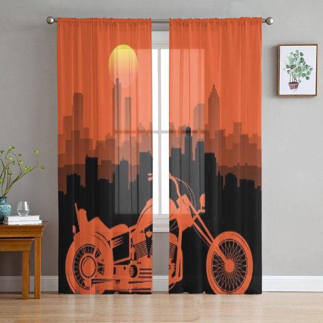 Super Six Transparenter Vorhang mit Motorrad und Stadt Skyline Motiv in Schwarz, B: 135 cm, H: 114 cm - Bild 1