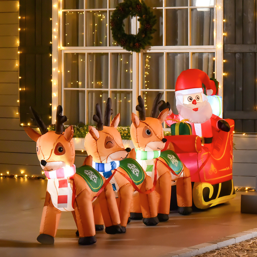 HOMCOM Aufblasbarer Weihnachtsmann auf Schlitten mit 3 Hirschen und Lichtern, Weihnachtsdekoration aus Polyester, Höhe: 130 cm, Mehrfarbig - Bild 2
