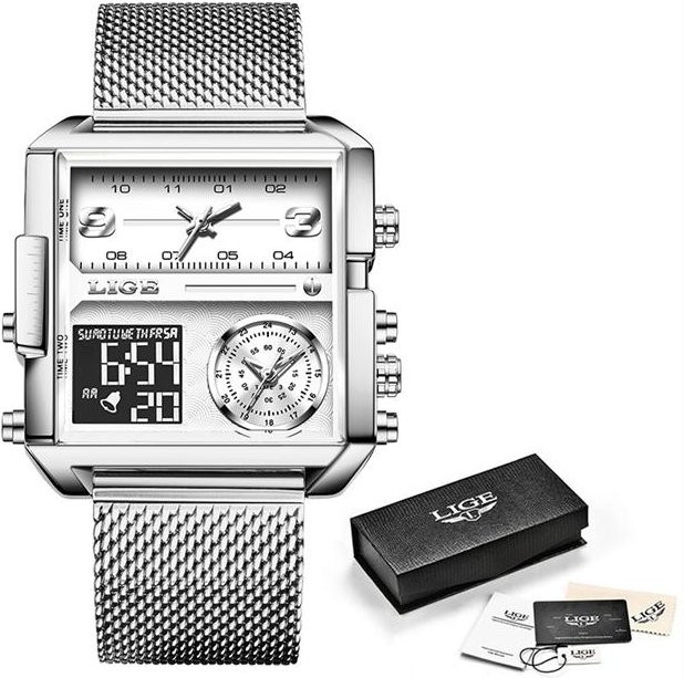 LIGE Armbanduhr, Analog-Digital, Quarz, Eckig, Silber, Herren - Bild 1