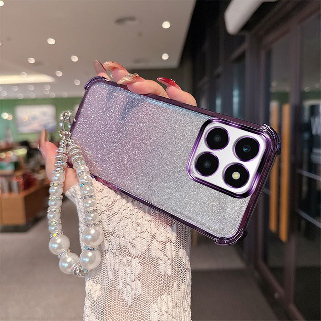 Luxuriöse TPU-Handyhülle mit Gradient Glitter und Perlenketten-Handschlaufen für Huawei Honor X6c X6a X6b Play 9C in Pink - Bild 1