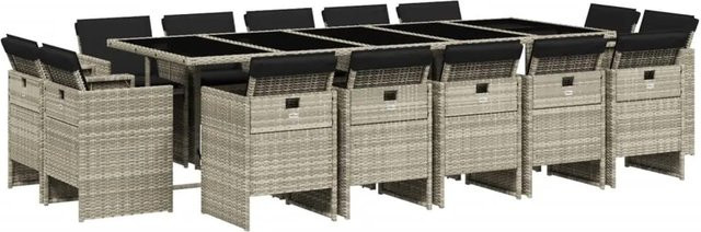 vidaXL 15-teilige Garten-Essgruppe aus PE-Rattan mit Kissen in Hellgrau und Hartglas-Tischplatte - Bild 1