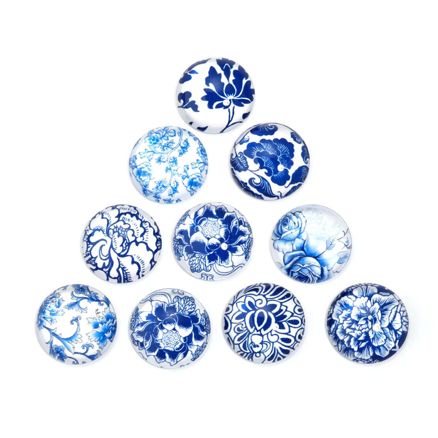 Louleur Porzellan-Glas-Cabochons, Blau-Weiß, Rund, Flach - Bild 3