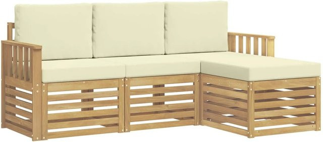 vidaXL Outdoor-Sofagarnitur 4-teilig in L-Form aus Akazienholz mit Polsterkissen, Weiß und Creme, B/T/H: 189,5 x 122,5 x 73 cm - Bild 1