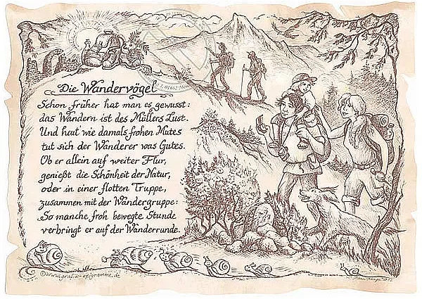 Vintage Sportbild Wanderer auf Antikpapier als Poster im A4-Format in Braun und Schwarz - Bild 1