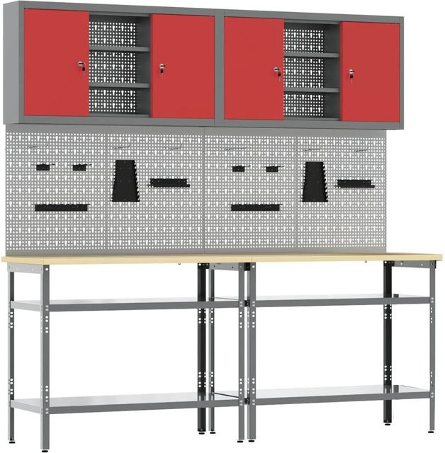 vidaXL Werkbank-Set 8-teilig aus Stahl mit Pegboard in Rot und Grau - Bild 1