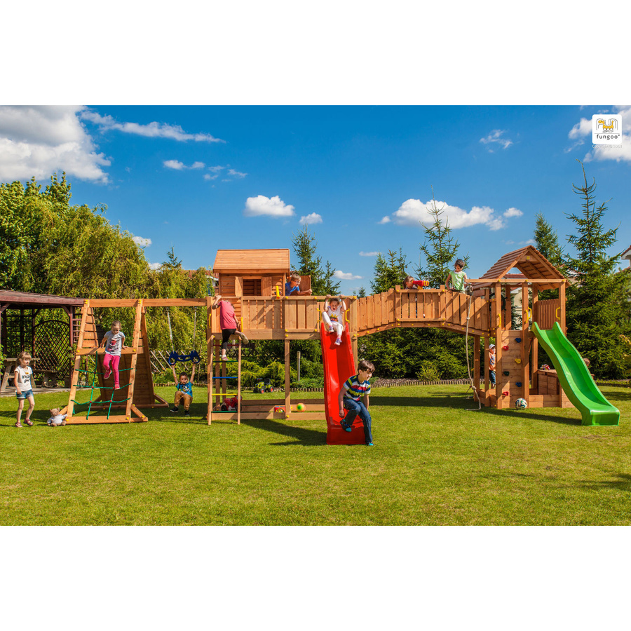 Fungoo Spielturm Maxi Set Spider Land My Space XL Fortress Toybox Rainbow Spider+ in Teak mit 2x Rutschen, 2x Spieltürmen, Verbindungsbrücke, Schaukel, Leiter, Trapez, Kletterseil und Kletterwänden - Bild 2