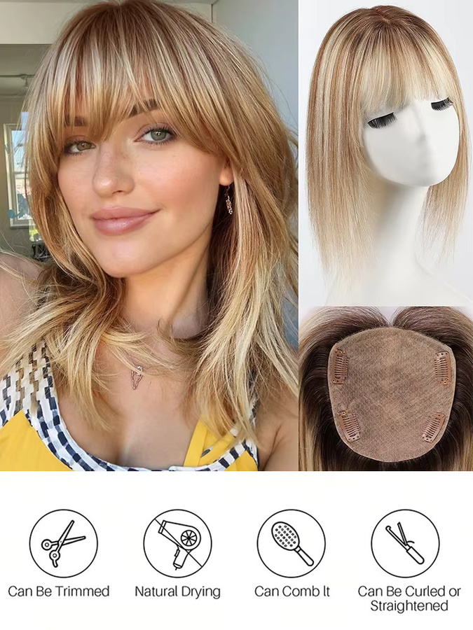 HAIRCUBE Echthaar-Toupet mit Pony, Braune Blonde Highlight, 12 Zoll, Damen - Bild 6
